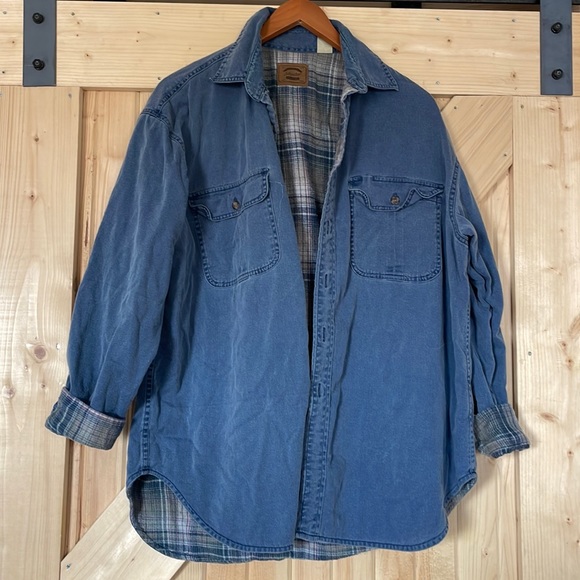 St. John's Bay Tops - St. John's Bay Blue Denim-Look Button Shirt with Plaid Lining